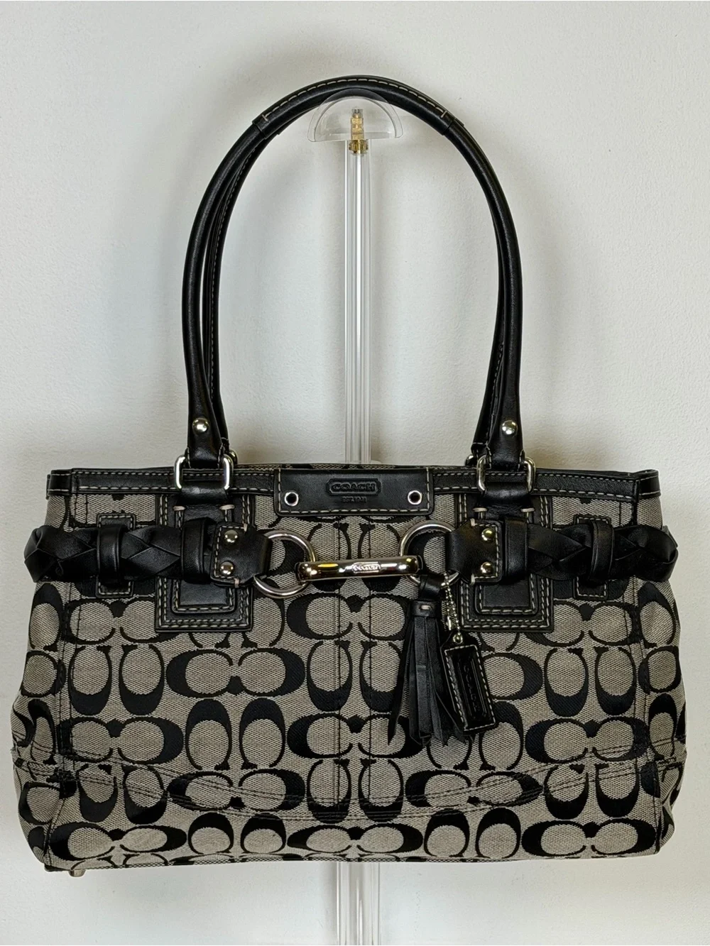 COACH | Vintage ‘Hampton’ Signature Monogram Black & Gray Bag Leather Trim - Picture 1 of 15